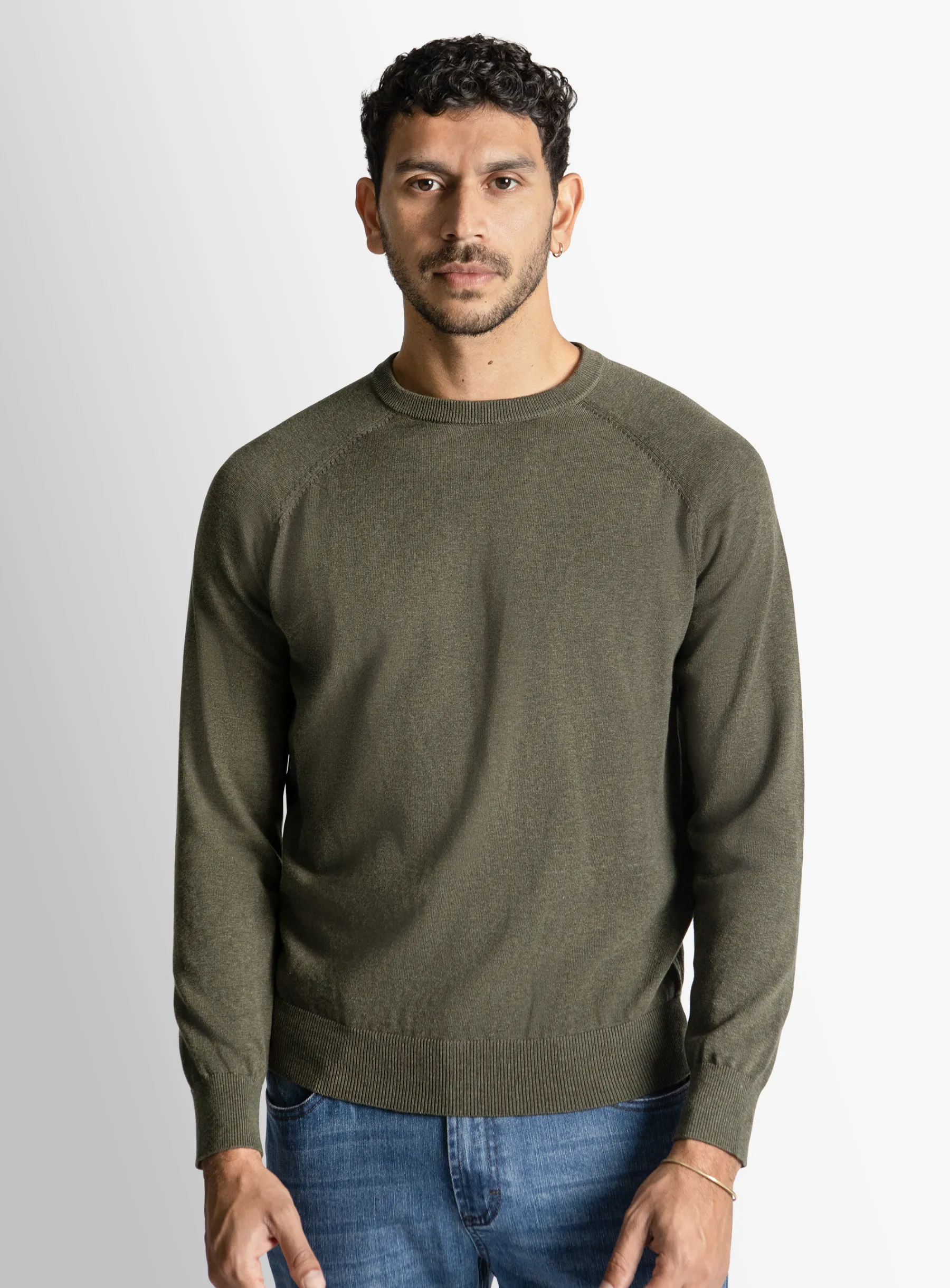 Olive Cotton Casual Crewneck Knit