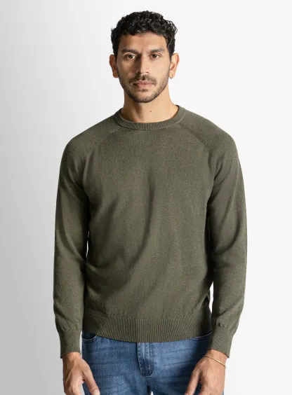 Olive Cotton Casual Crewneck Knit 