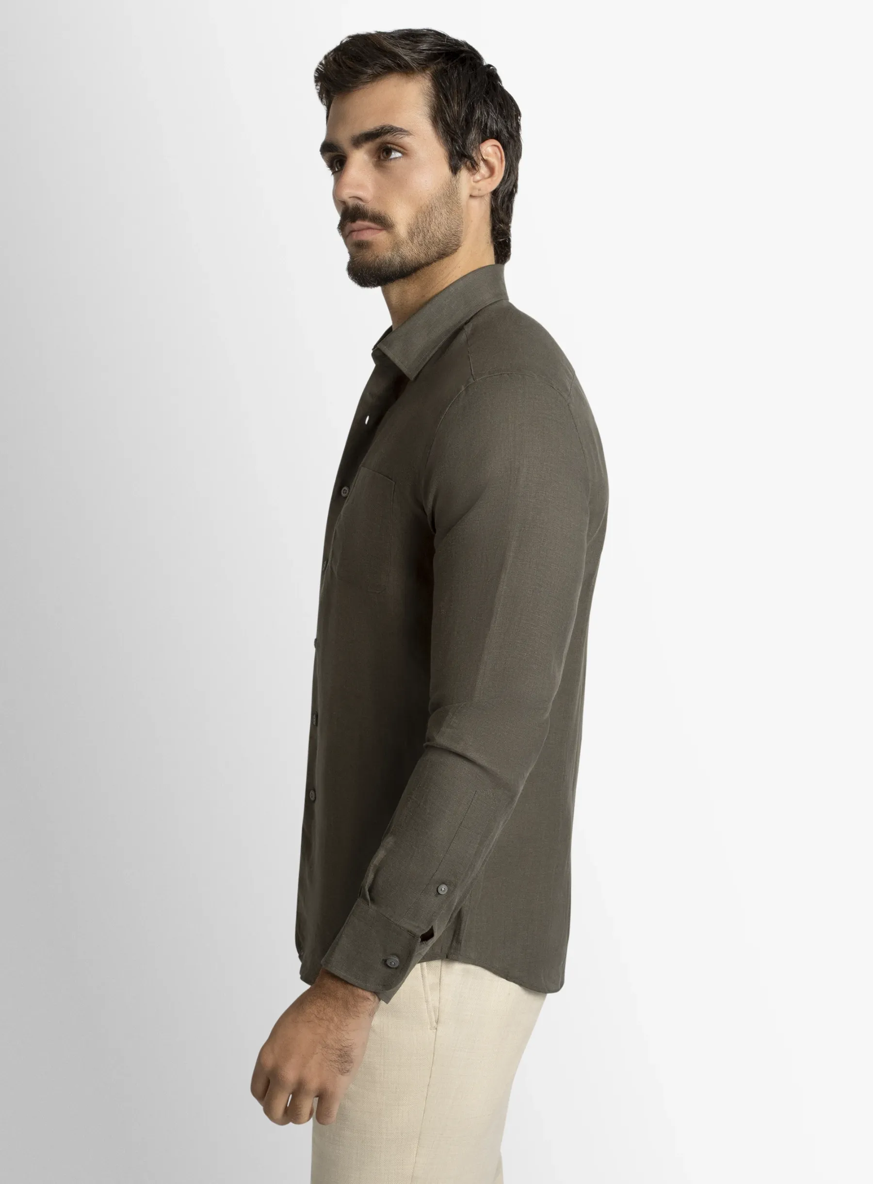 Linen Long Sleeve Khaki Shirt