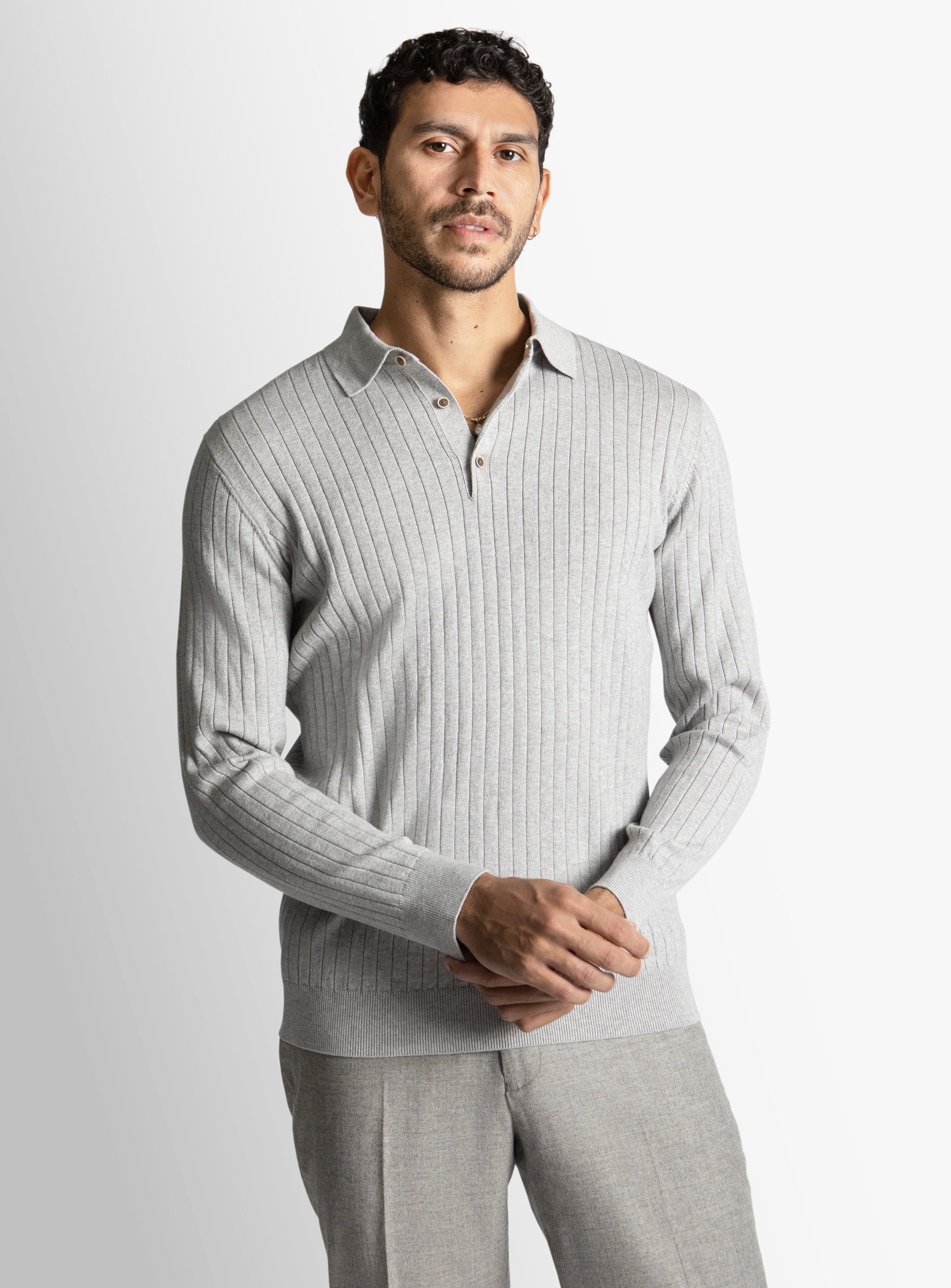 Ash Cotton/Cashmere Fine Rib Knit Polo