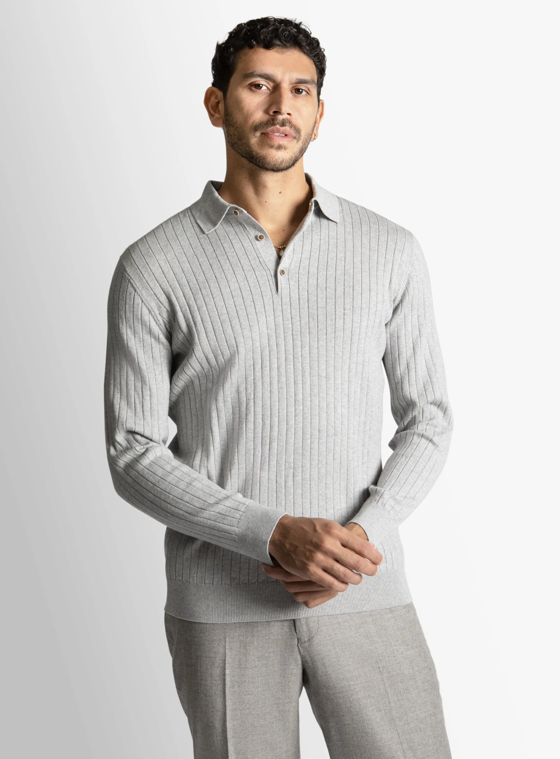Ash Cotton/Cashmere Fine Rib Knit Polo
