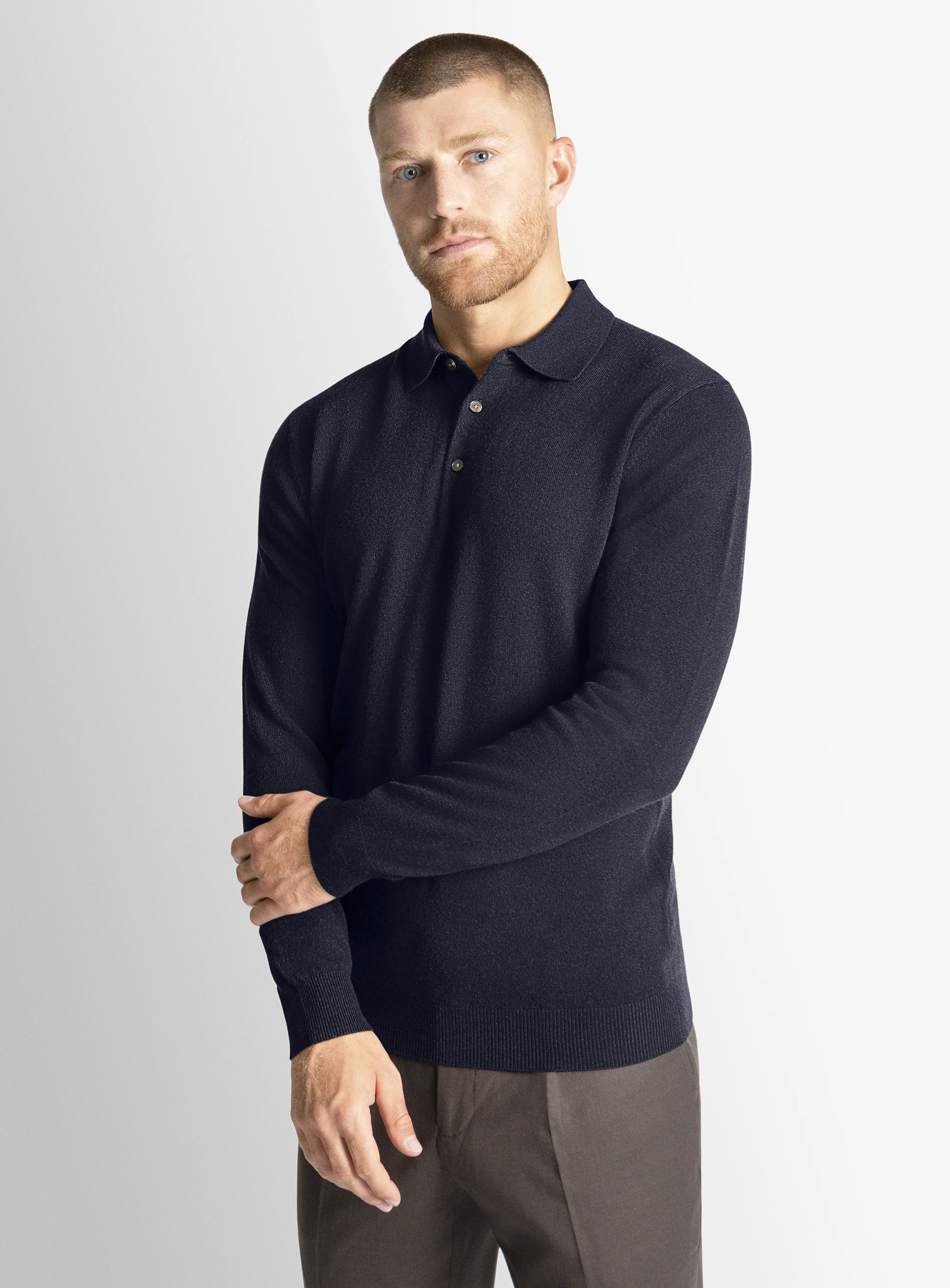 Navy Wool/Cashmere Long Sleeve Knit Polo