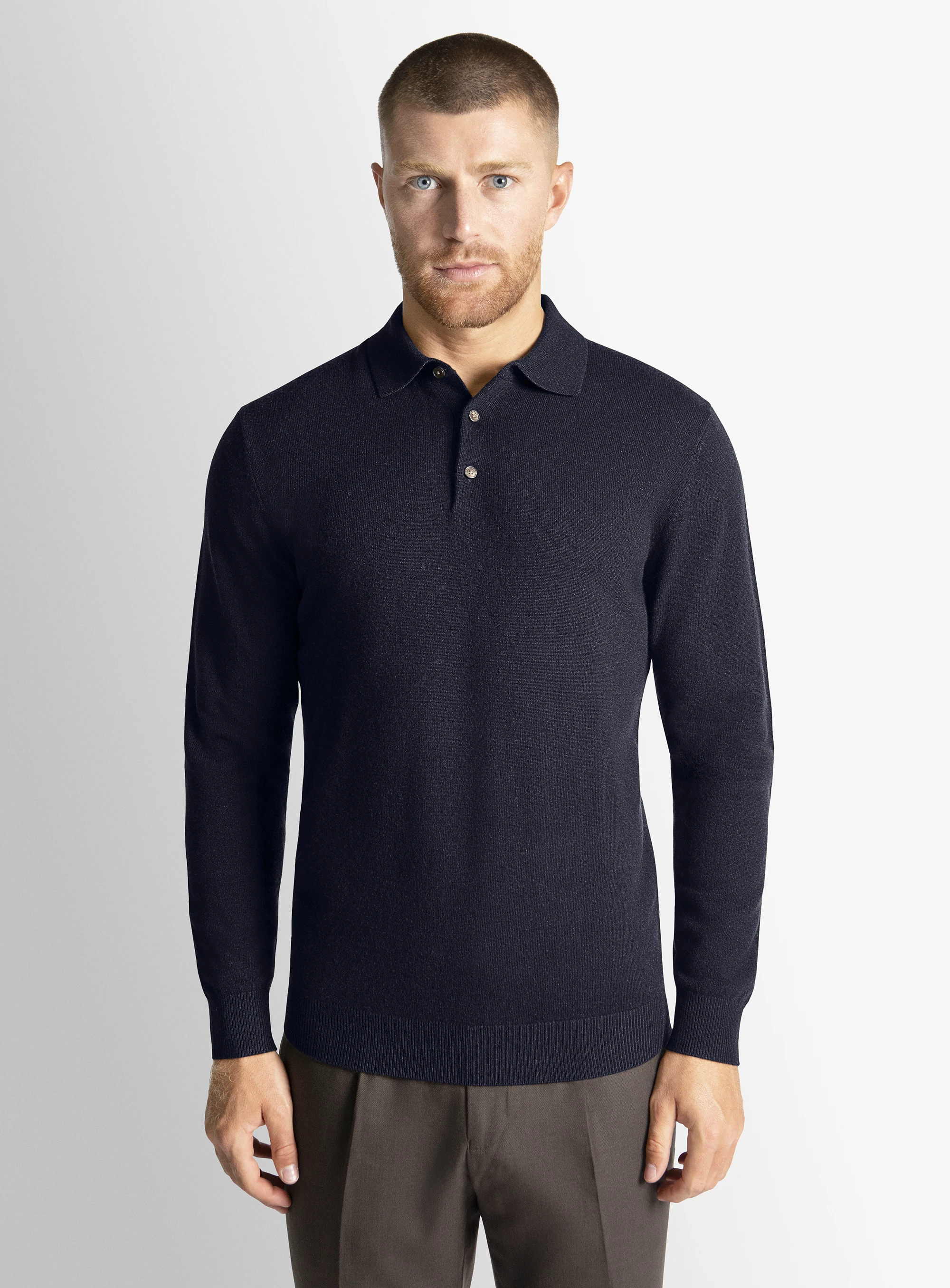 Navy Wool/Cashmere Long Sleeve Knit Polo
