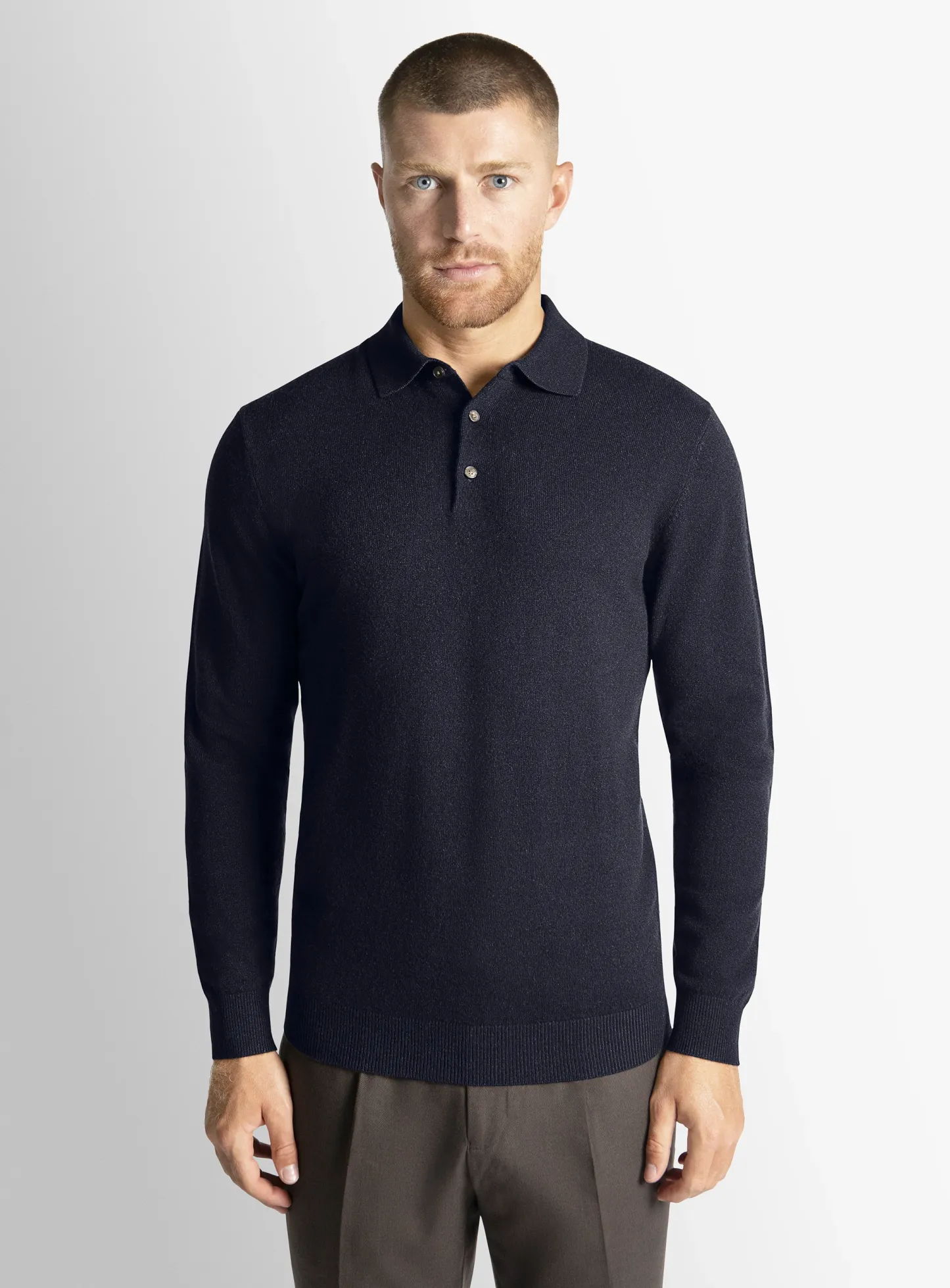 Navy Wool/Cashmere Long Sleeve Knit Polo