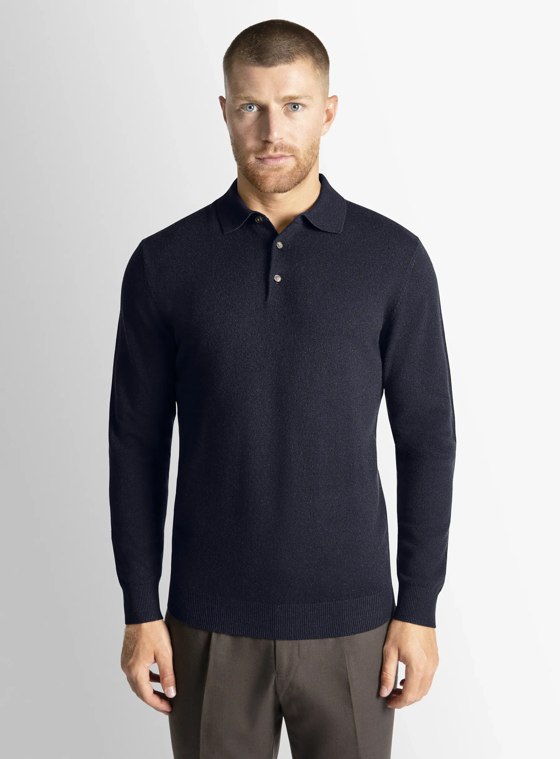 Navy Wool/Cashmere Long Sleeve Knit Polo