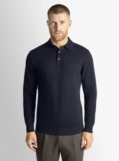 Navy Wool/Cashmere Long Sleeve Knit Polo