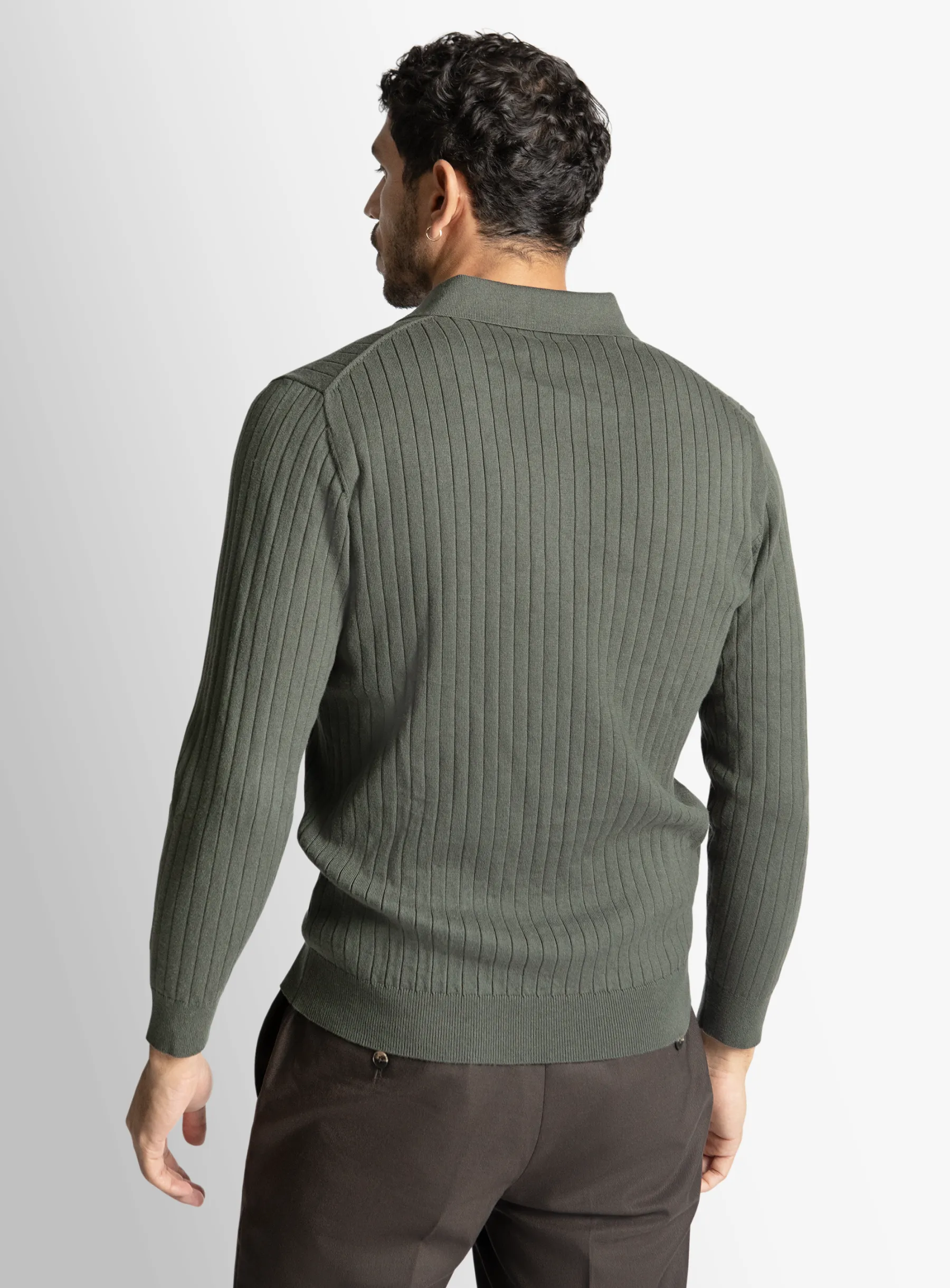 Olive Cotton/Cashmere Fine Rib Knit Polo