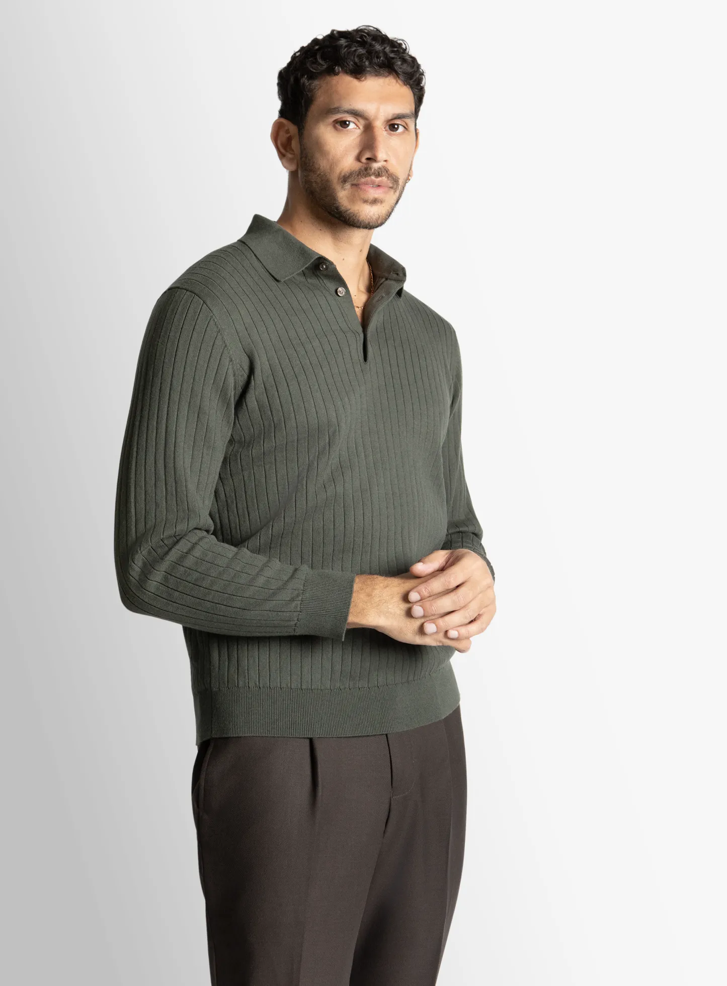 Olive Cotton/Cashmere Fine Rib Knit Polo