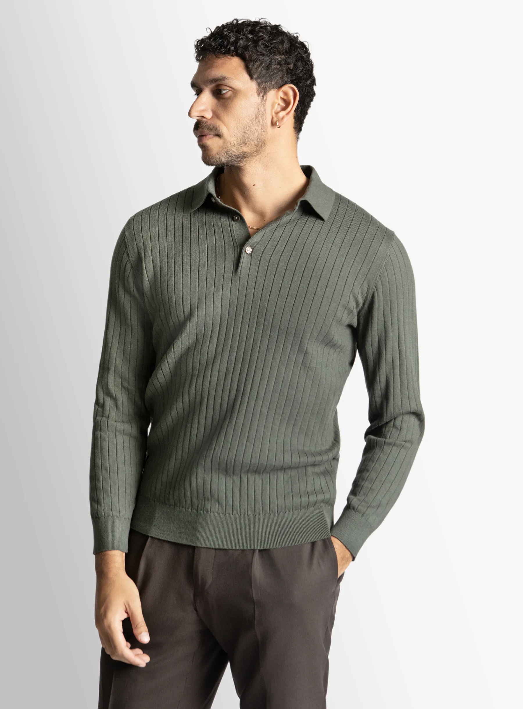 Olive Cotton/Cashmere Fine Rib Knit Polo