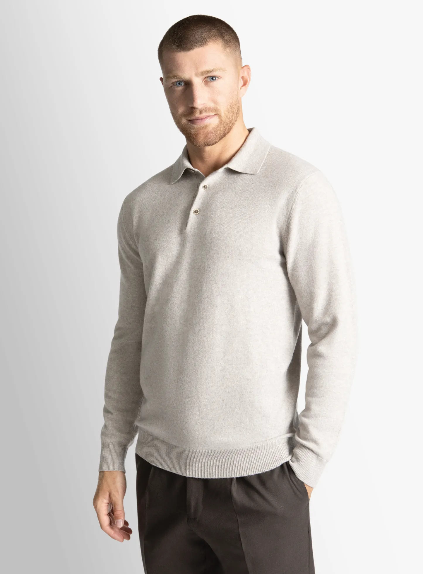 Taupe Wool/Cashmere Long Sleeve Knit Polo