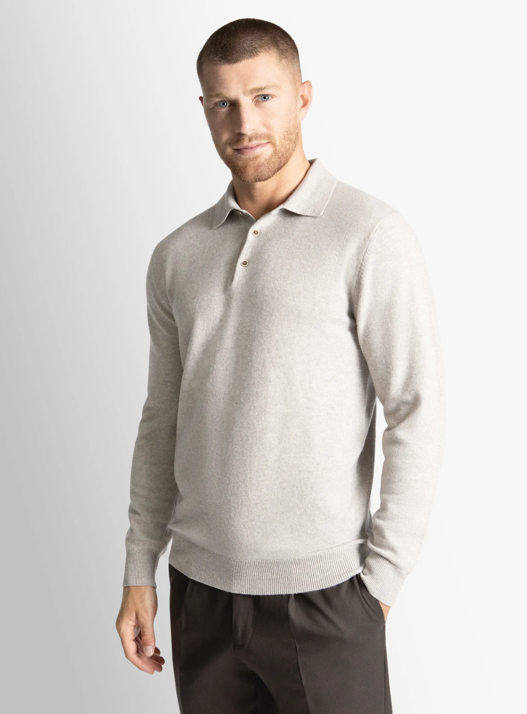 Taupe Wool/Cashmere Long Sleeve Knit Polo