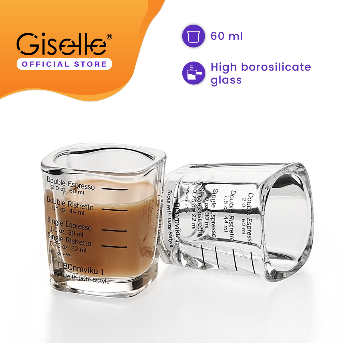 Giselle 60ml ~ 375ml Double mouth Espresso Coffee Shot Borosilicate Glass Measuring Glass Cup Wooden Handle (CFC0004)