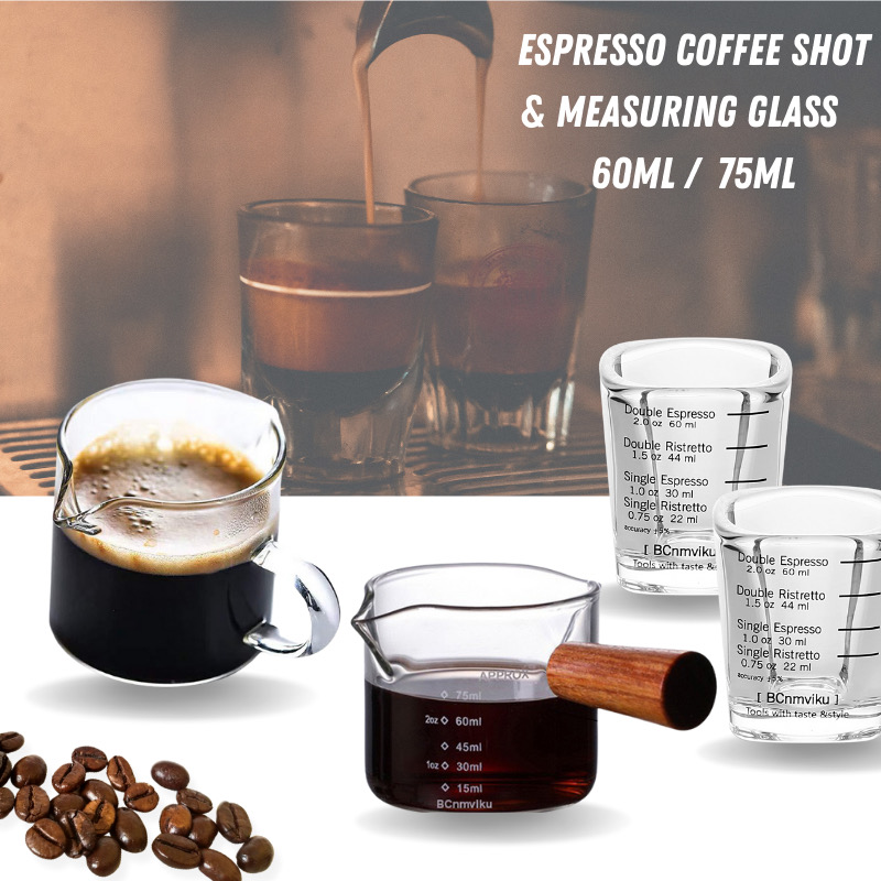 Glass Measuring Cup Espresso Shot Glass 75ML Triple Pitcher Barista Single  Spouts with Wood Handle