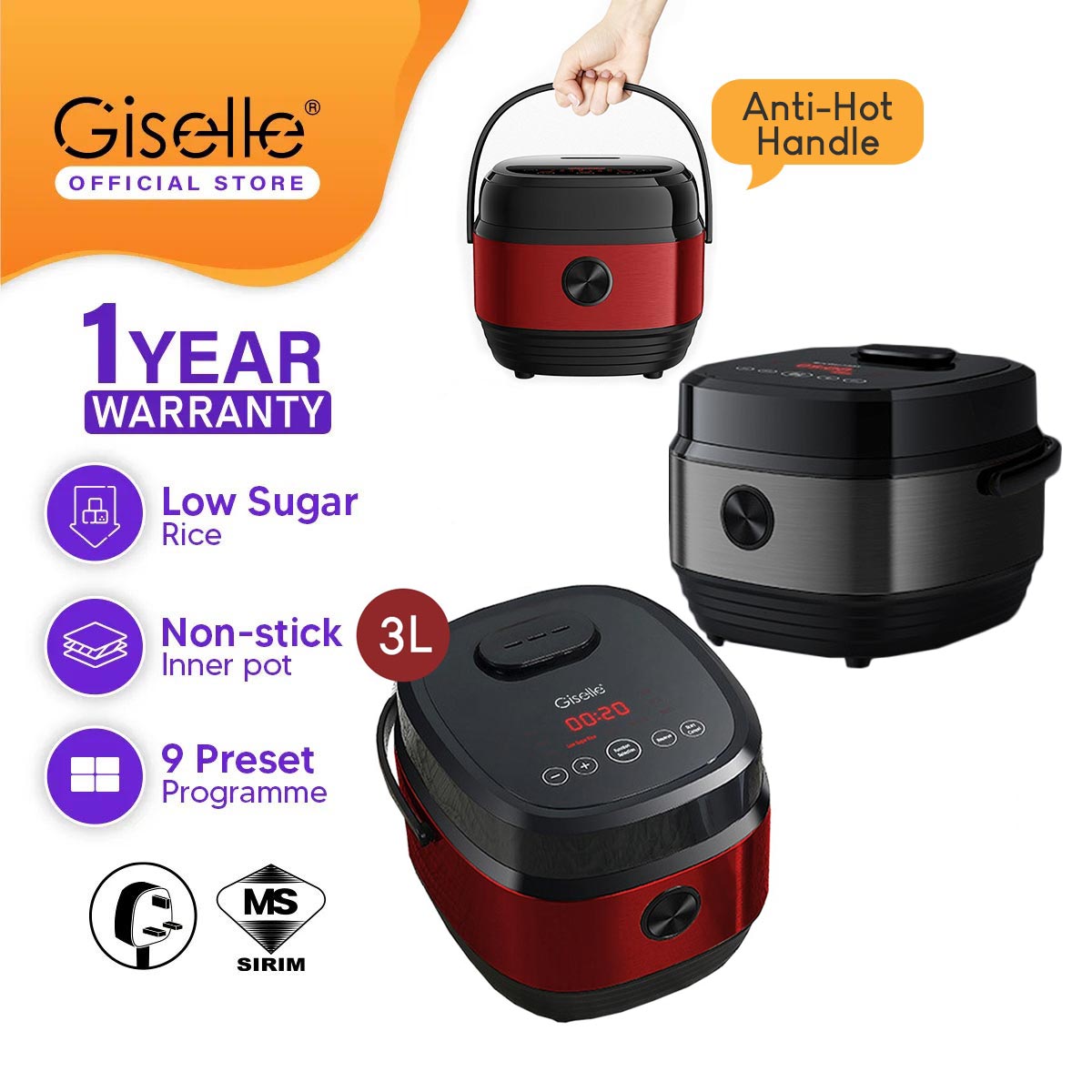 Giselle 3L Rice Cooker with Low Sugar Function 多功能低糖电饭锅 [KEA0372RD/GY]