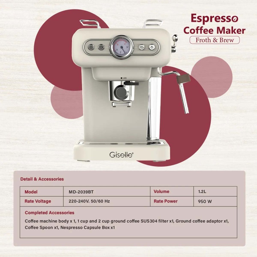 Giselle Espresso Coffee Maker 20 Bar 家用意式咖啡机奶泡拿铁 [KEA0390CR]