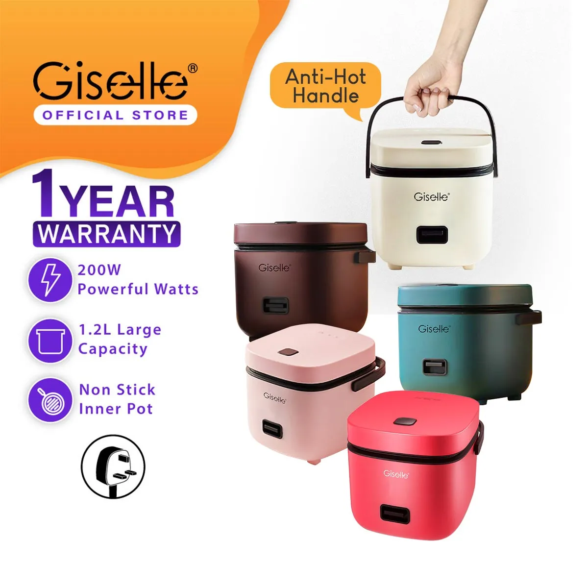 Giselle Mini Rice Cooker 1.2L with Non-stick Pot and Steamer 200W (KEA0371)