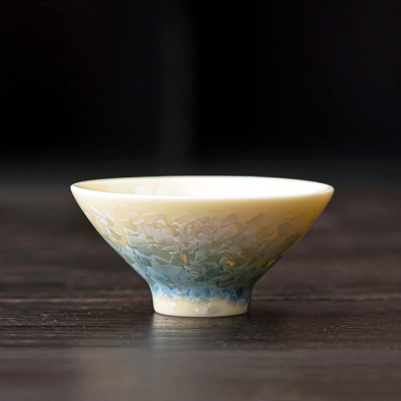 天藍冰花結晶釉斗笠杯
