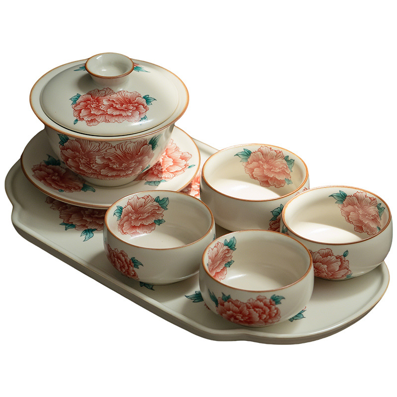 汝窯牡丹花三才蓋碗茶杯套組