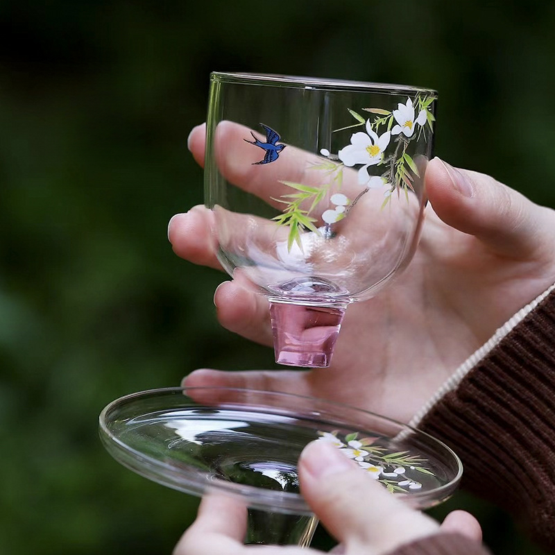 春歸玻璃茶盞帶杯托品茗杯