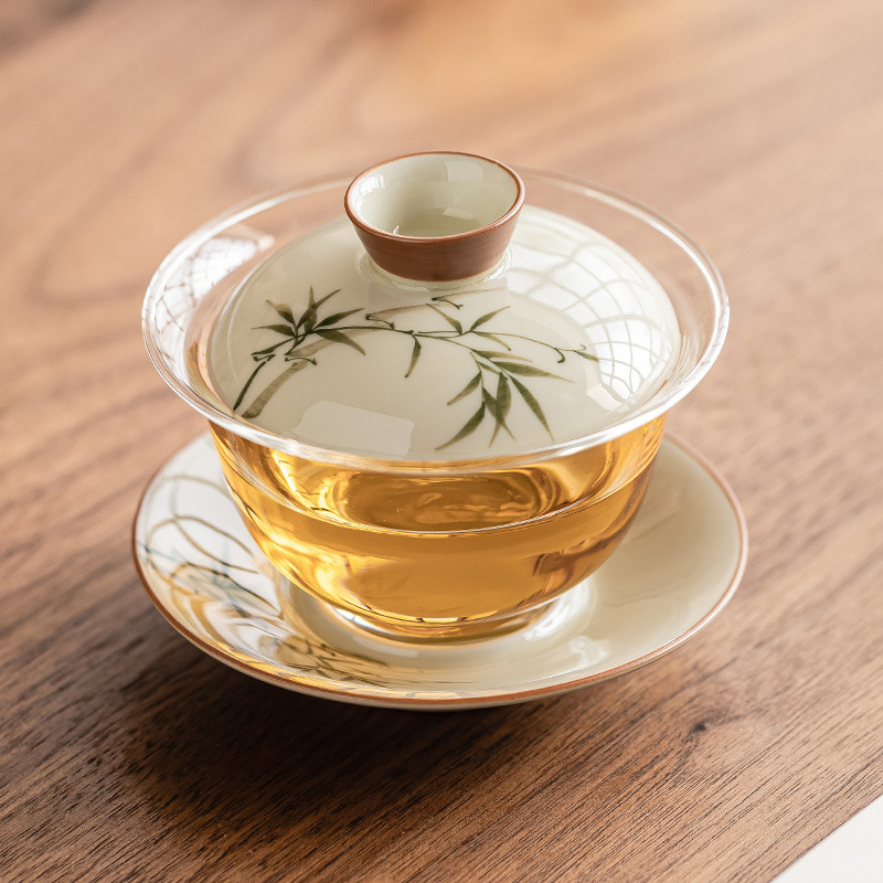 手繪翠綠文竹蓋碗