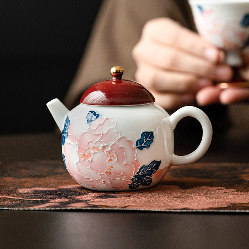 手繪描金牡丹茶壺