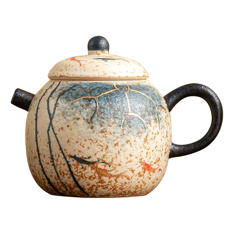 青花火石描金手繪荷韻錦鯉泡茶壺