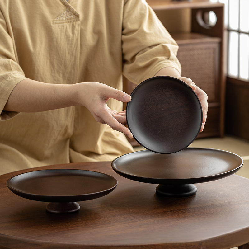 重竹材質圓形日式茶點高腳盤