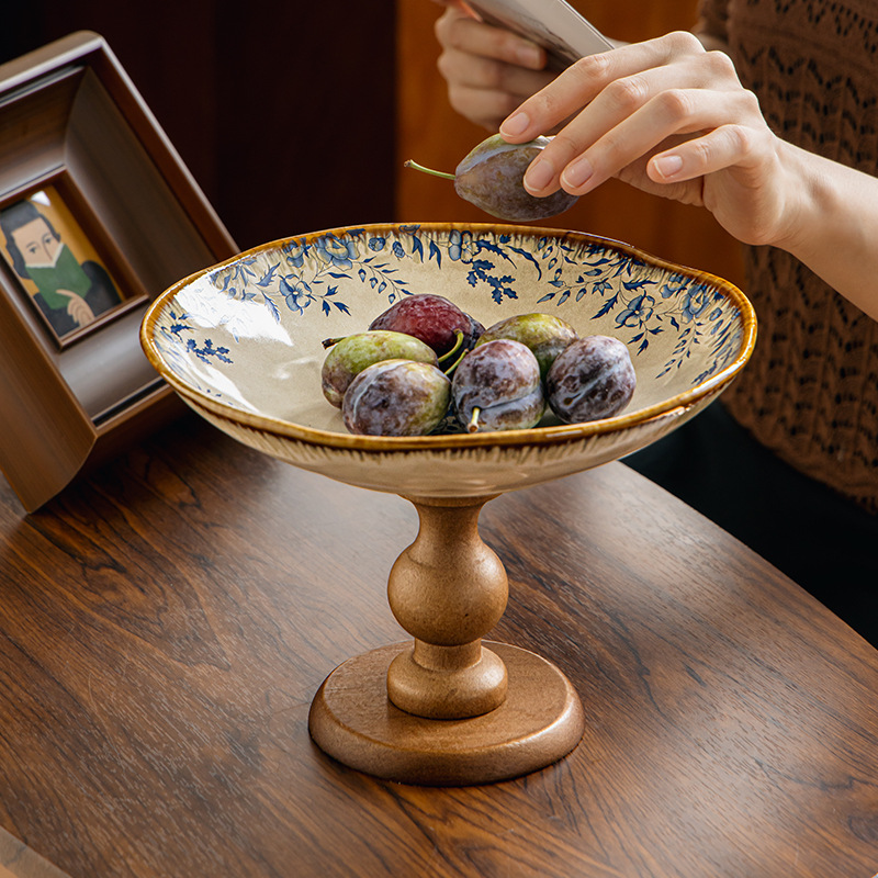 復古木質高腳陶瓷盤