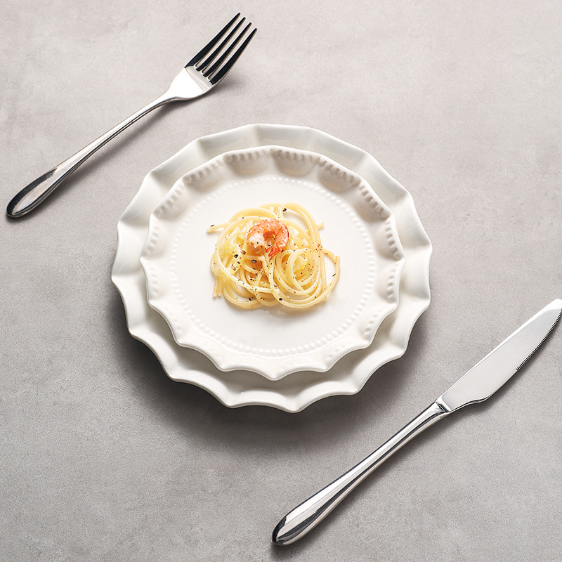 北歐風純白陶瓷花邊圓盤方盤