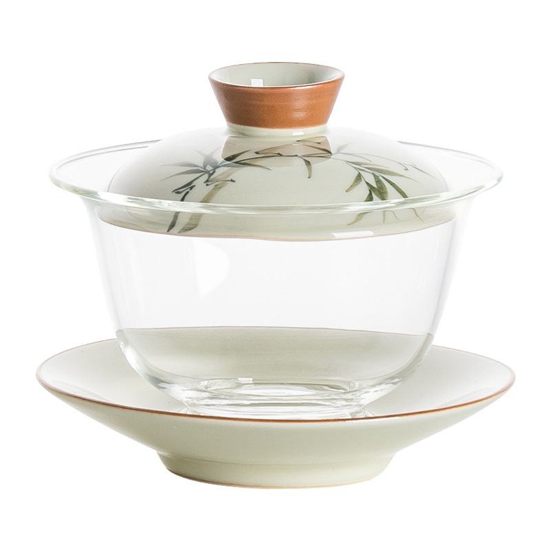 手繪翠綠文竹蓋碗