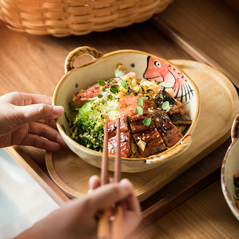 日式創意雙耳陶瓷碗