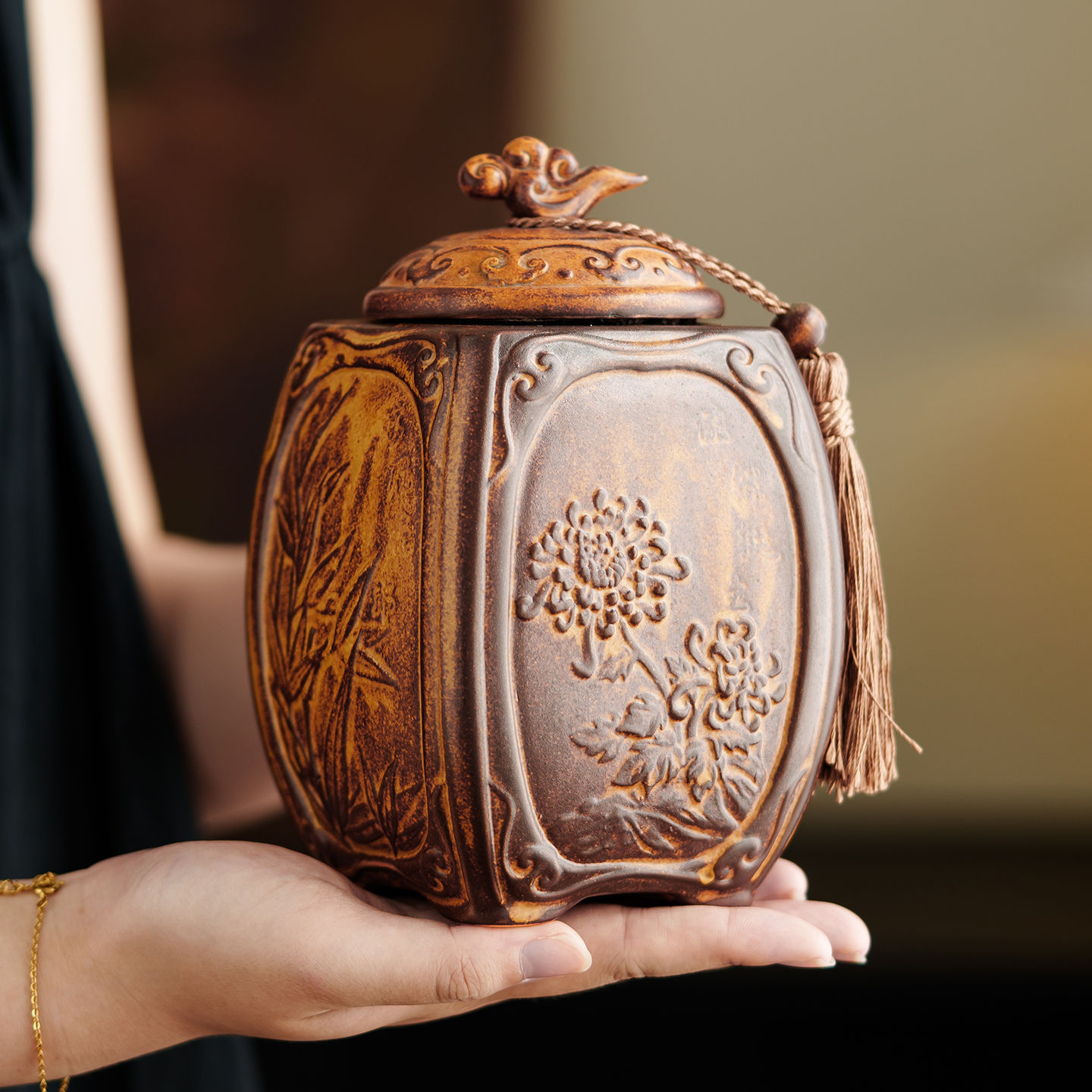 窯變古典棕黃茶葉罐