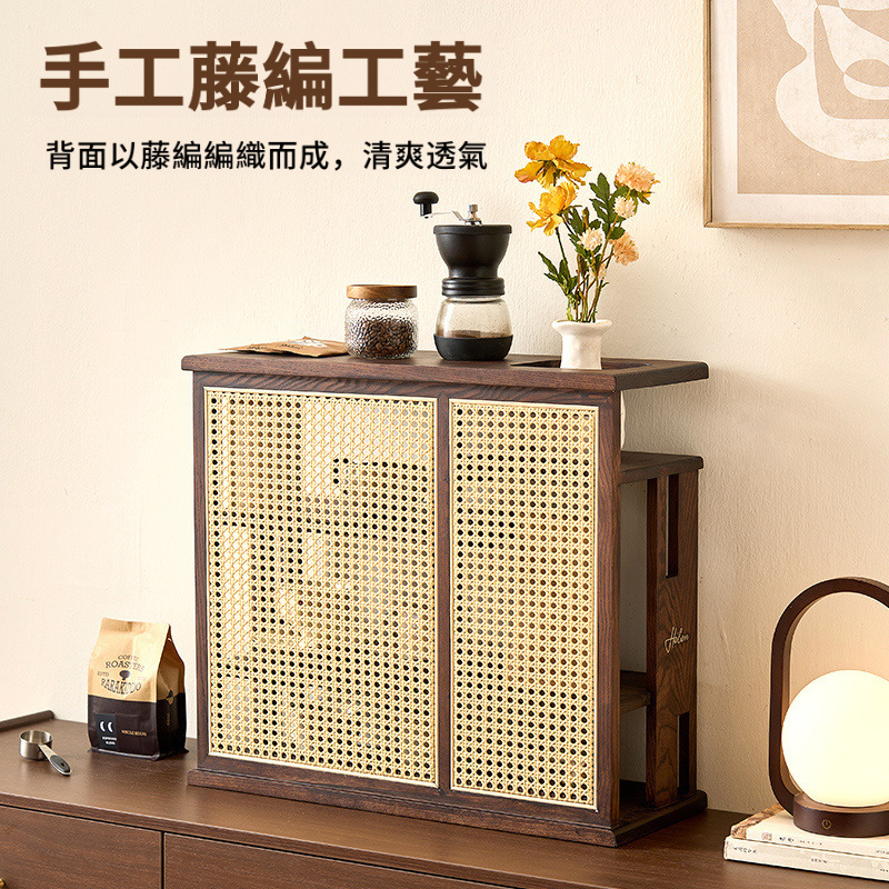 中古風藤編實木儲物架