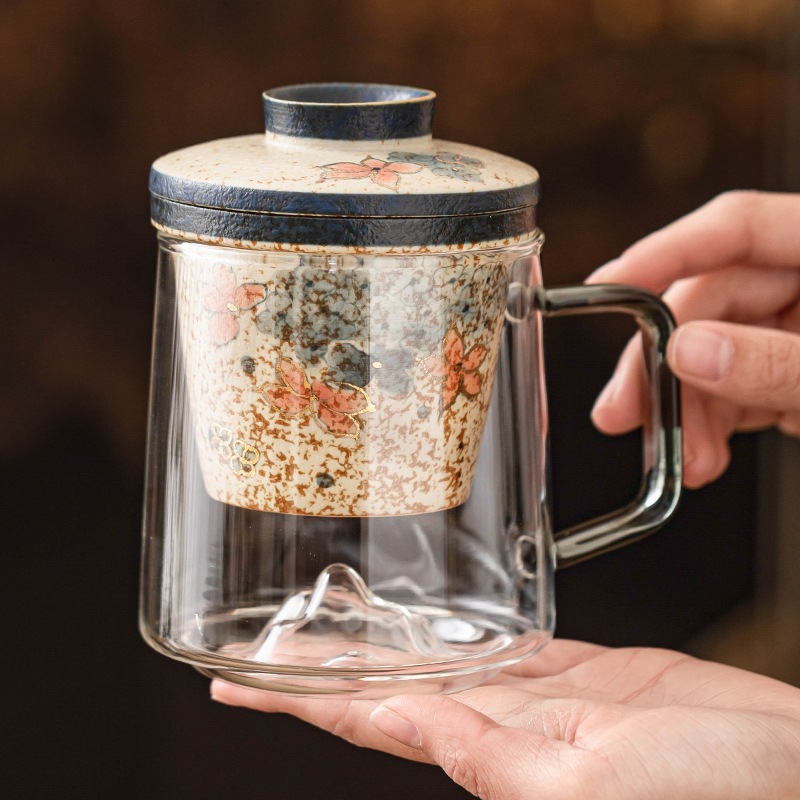 青花火石紅玻璃茶杯