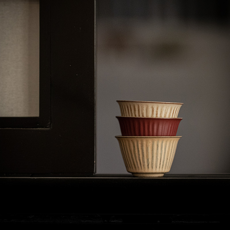 侘寂風日式粗陶條紋茶杯