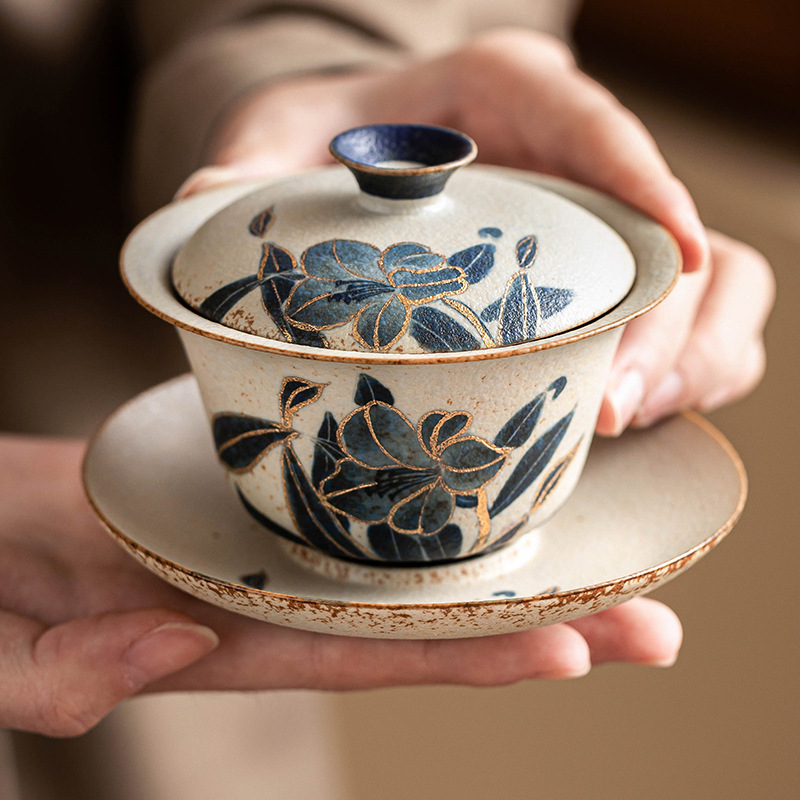 青花火石紅三才蓋碗