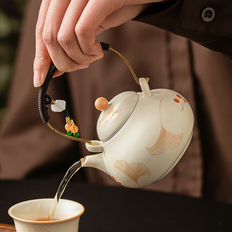 米黃銀杏綁繩提樑壺陶瓷茶壺