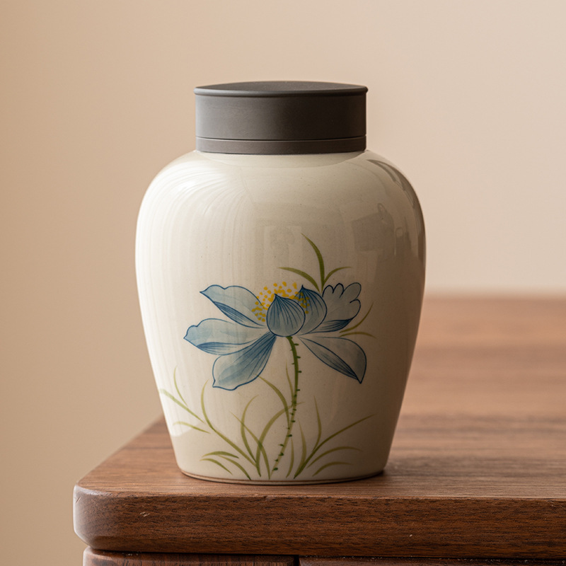草木灰藍荷花茶葉罐