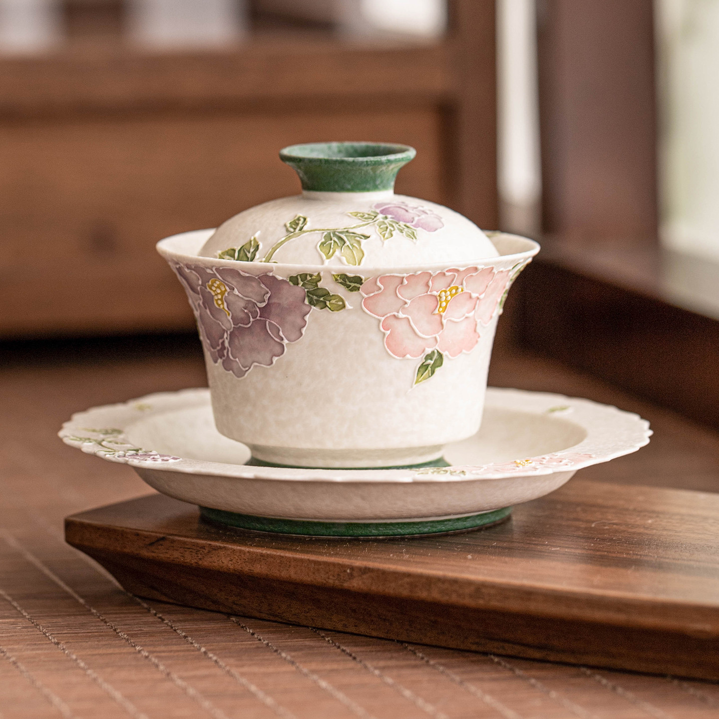 陶瓷手繪堆雕牡丹泡茶茶碗