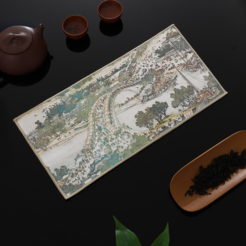 麂皮絨高檔茶巾中式復古彩繪茶墊