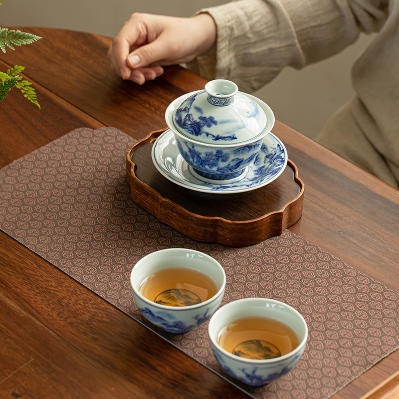 仿古青花山水三才蓋碗