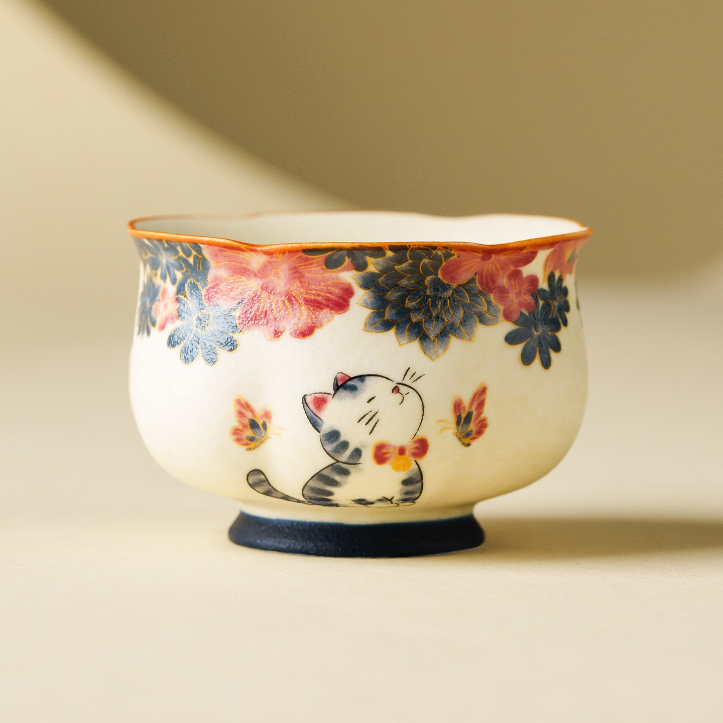 岩礦白蝶戀花萌貓花瓣杯