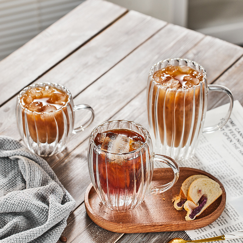 Ins 咖啡館餐廳創意條紋帶把雙層玻璃咖啡杯