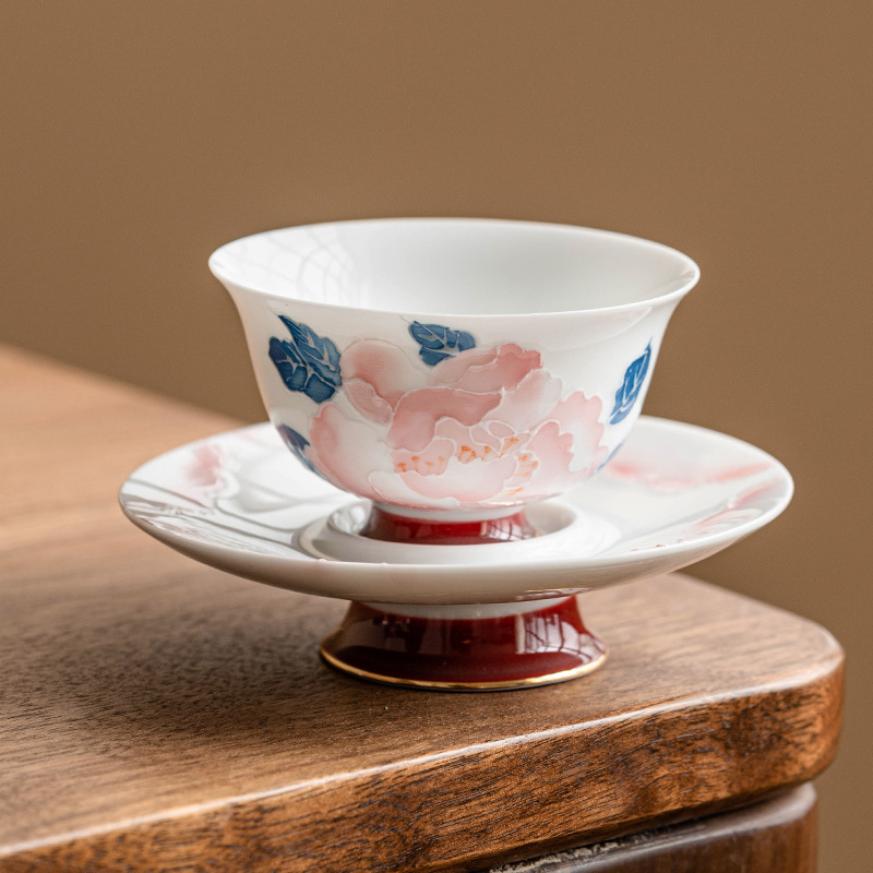 手繪描金牡丹朝顏杯碟套裝