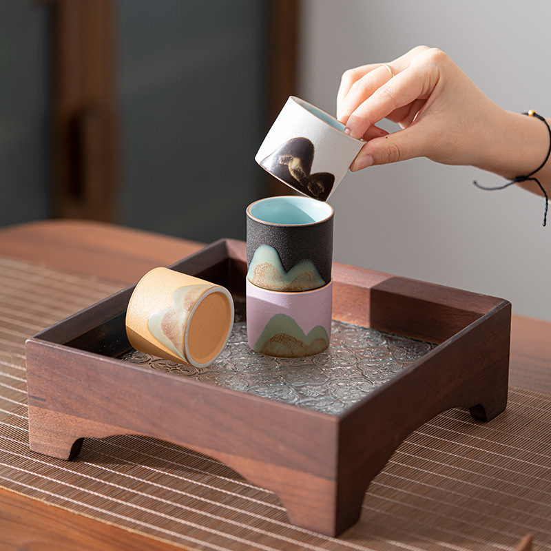 手繪山形黑陶品茗杯