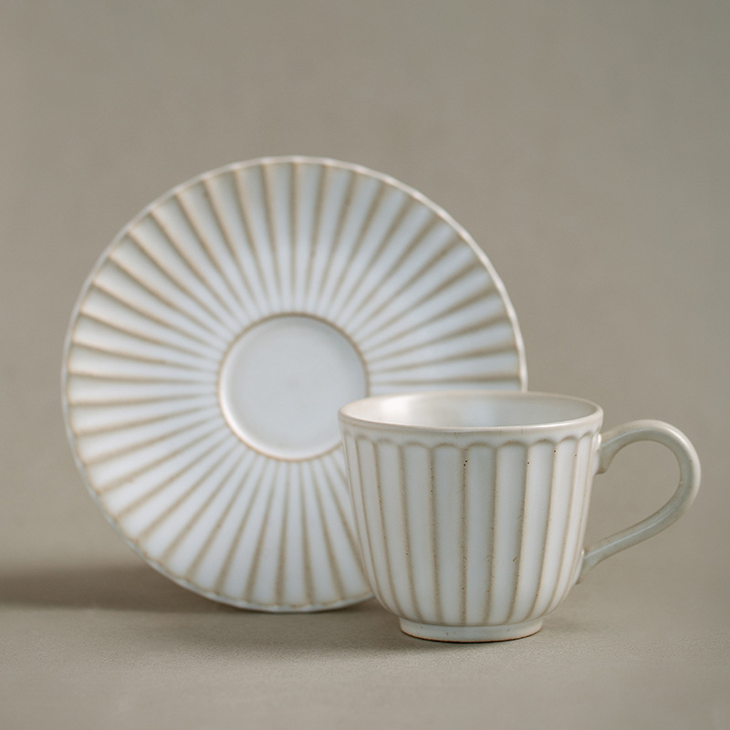 日本羅馬紋象牙白復古粗陶咖啡杯