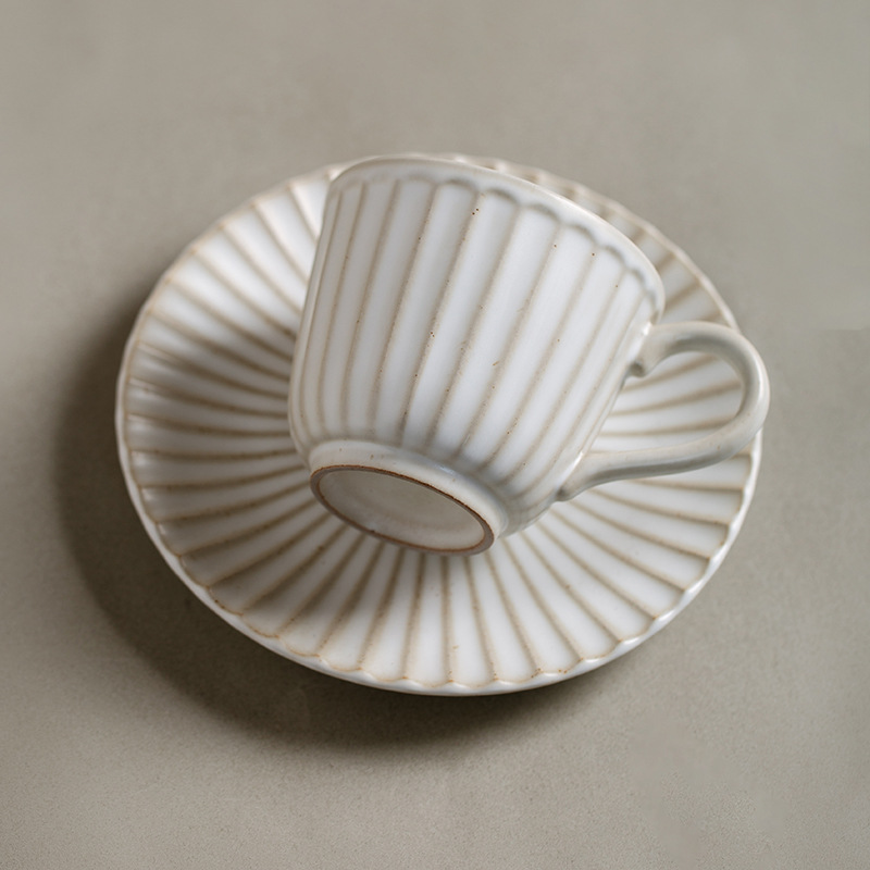 日本羅馬紋象牙白復古粗陶咖啡杯