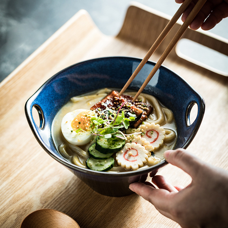 日式復古窯變釉帶孔泡面碗