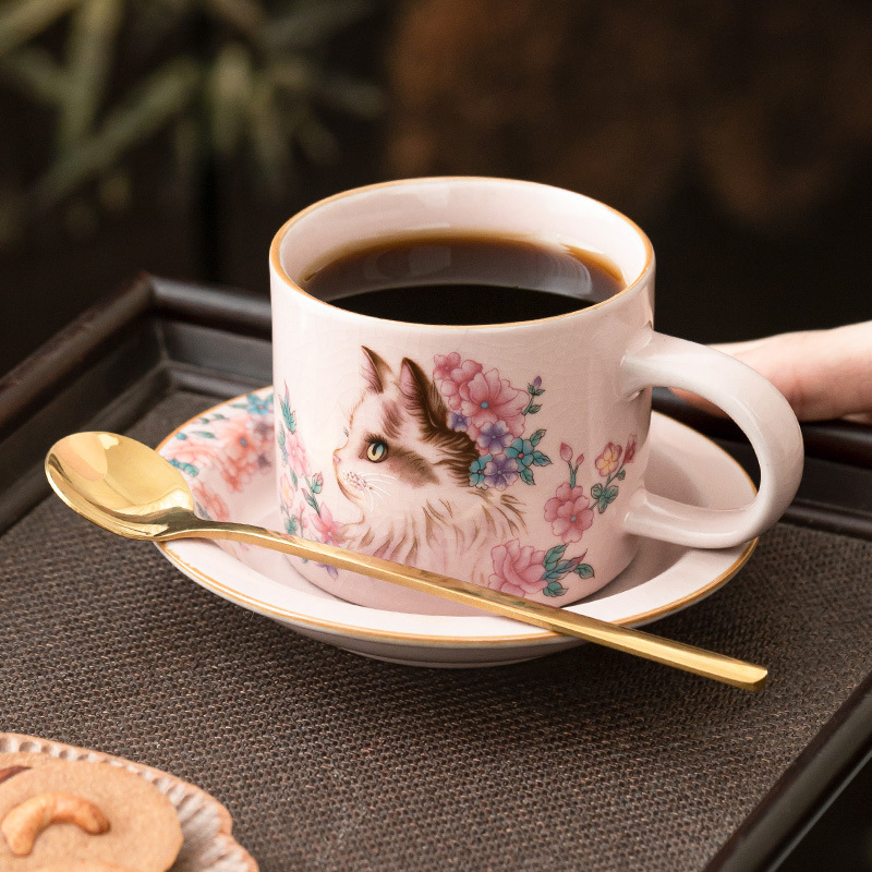 粉汝花貓咖啡杯