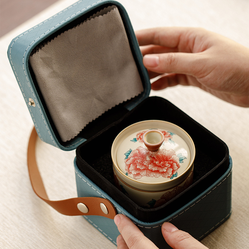 汝窯牡丹一壺三杯旅行便攜式茶具套裝